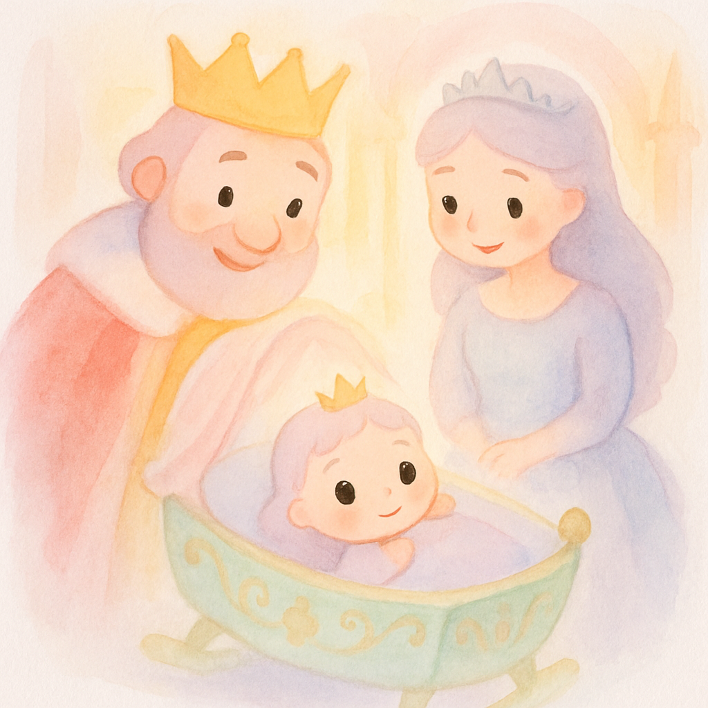 왕과 왕비가 아기 공주의 탄생을 축하하며 기뻐하는 장면